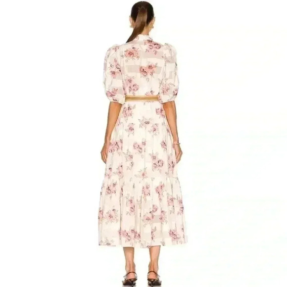 Zimmermann Rosa Midi Dress 2 US 8 M Silk Cotton Floral Stripe Tiered Belted Maxi - Picture 13 of 16